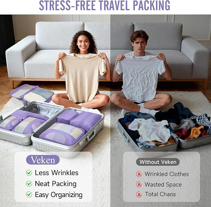 Veken 8 Set Packing Cubes for Travel Essentials, Suitcase Organizer Bags in 4 Sizes, Carry-On Luggage Accessories with Large Laundry & Hanging Toiletry Bag, Must-Have for Airplane, Road Trip & Camping