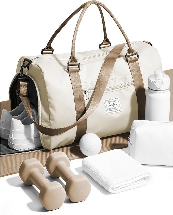 Gym Bag for Women Men with Shoes Compartment and Wet Pocket,Sport Swimming Yoga Bag,Waterproof Travel Duffel Bag Small Carry on Bag Overnight Weekender Bags Personal Item Bag for Airlines, Beige Brown