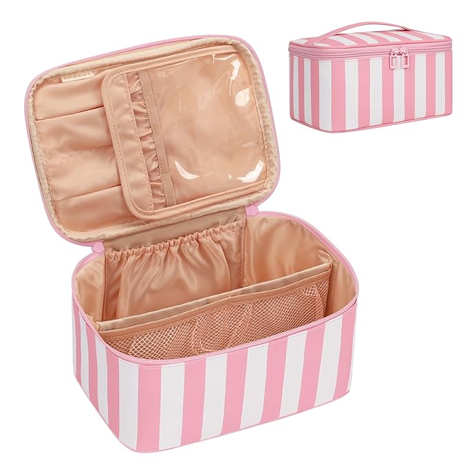 OCHEAL Makeup Bag,Travel Makeup Organizer Bag, Large Capacity Cosmetic Bags For Women Large Travel Toiletry Bag Girls Traveling With Brush Slot And Divider-Stripes Pink
