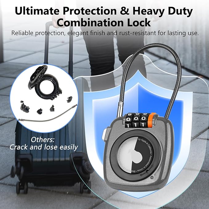 Compatible with Apple AirTag Secure Lock with Wire Cable, 3-Digit Combination Luggage Locks, Alloy Body Ultra Durable Anti-Lost Protective Case for Luggage, Bags, Suitcase, and Backpacks (Grey)