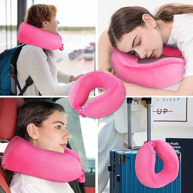Neck Pillow Adjustable Memory Foam Travel Pillow Soft U Shaped Headrest Neck Support Pillows for Airplanes Sleeping Office Trains Cars Camping Use Rose Red