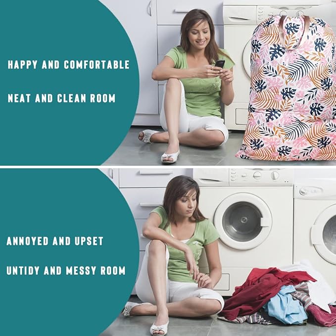 Sanlykate Extra Large Laundry Bag with Drawstring Closure and Handle, 28 x 40 Inch Heavy Duty Travel Dirty Clothes Bag for Laundromat and Household, Monstera