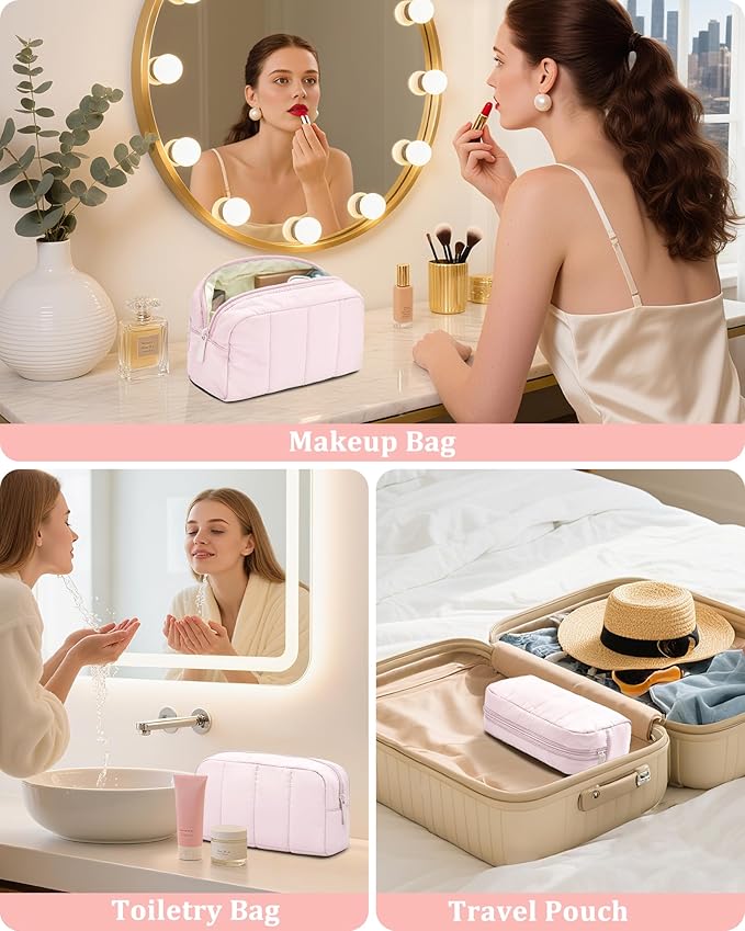 oscaurt Makeup Bag Cosmetic Bag Travel Toiletry Bag for Women Puffy Padded Cosmetic Pouch Purse Wide-open Makeup Organizer Case Travel Essentials