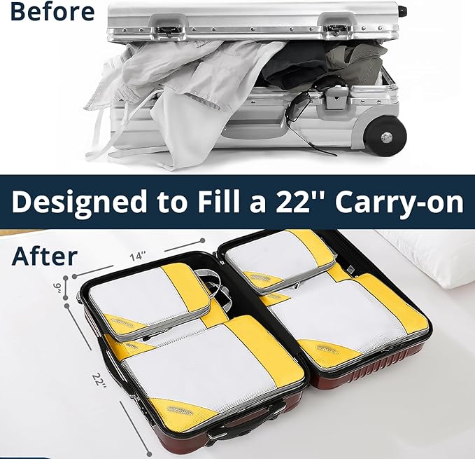 Compression Packing Cubes 6 Set, Compressible Space-Saving Packing Cubes for Travel - Compression Bags, Luggage Organizer, Travel Essentials for Women, Golden Yellow