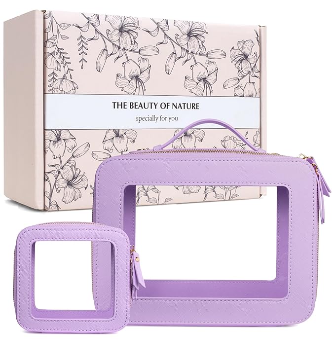 LETGO Clear Makeup Bags Set - TSA Approved Toiletry Bag with Handle Large Opening, Clear Toiletry Bags Case Pouch for Travel Essentials Car Accessories for Women Men (Large-Purple)
