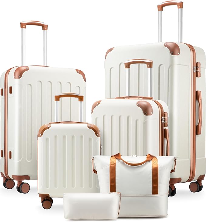 Luggage Sets 6 Piece, Hardside Suitcase with Wheels, TSA Approved,Tote Bag, White Brown