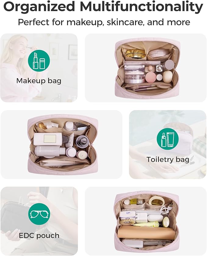 BAGSMART Puffy Makeup Bag, Wide Opening Cosmetic Bag Compact & Spacious, Water-Resistant Travel Organizer Pouches for Women (Baby Pink)