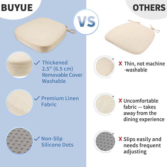 BUYUE Thickened 2.5" Friendly Woven Fabric Dining Chair Cushion, U-Shape High Density Foam Comfortable Chair Pad for Kitchen, Slip Resistant Indoor Seat Cushion (1 Piece, Beige)