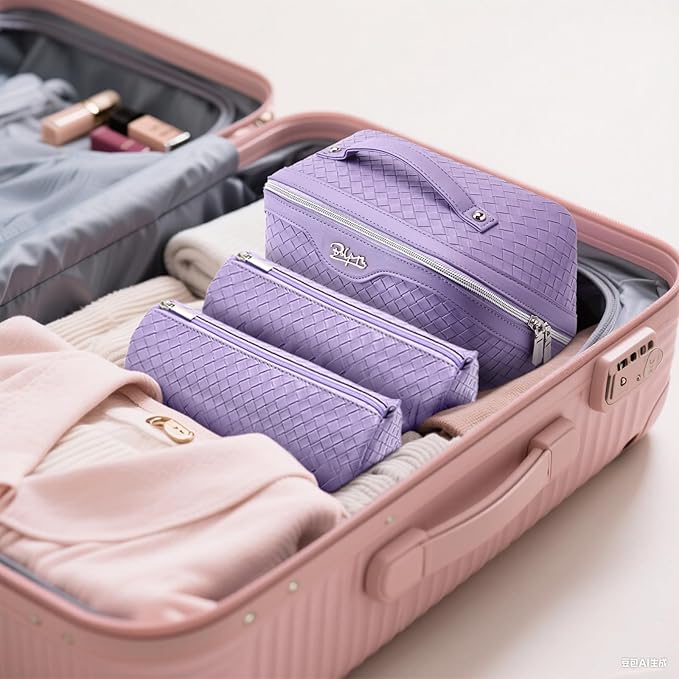BOYATU Travel Makeup Bag Cosmetic Bags for Women: Large Capacity 3 Pcs Set Make up Bag with Compartments - Waterproof Vegan Leather Toiletry Organizer Bags with Handle (L01 Purple)