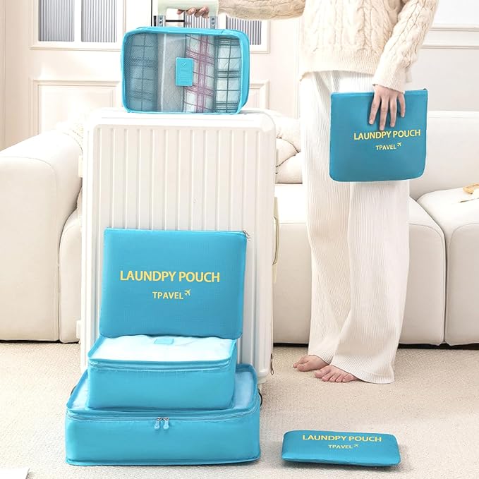 6 Set Packing Cubes for Travel Luggage Packing Bags Reusable Lightweight Suitcase Organizer Cubes Set for Travel Accessories (Sky Blue)