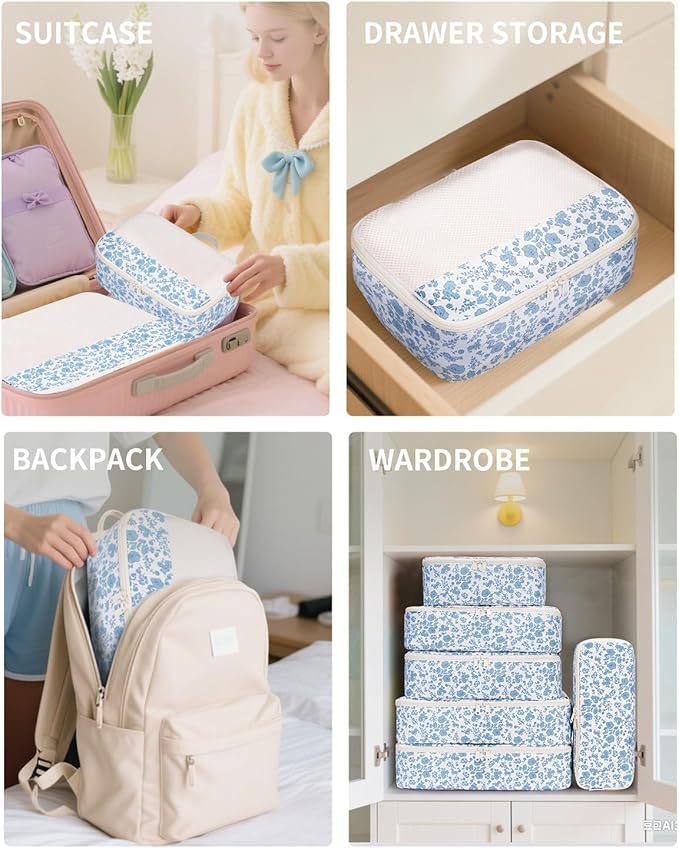 Narwey 7 Set Floral Packing Cubes for Travel Carry on Suitcase Luggage Organizer Bags for Kids Women Men, Durable Packing Organizers Bag, Travel Essentials Accessories (Blue Flower)