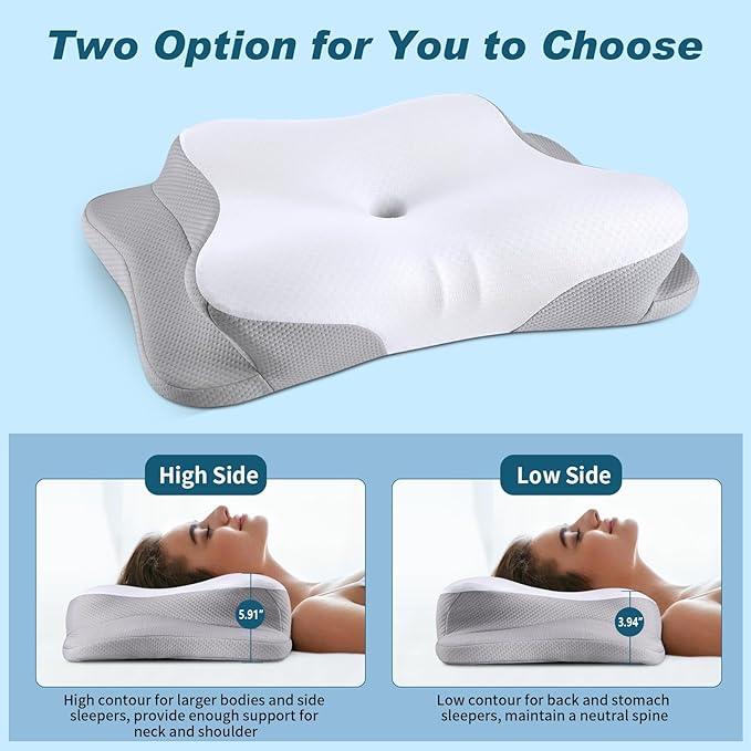 Cervical Neck Pillow - Cooling Ergonomic Neck Support Pillow for Sleeping, Orthopedic Contour Memory Foam Pillows for Side, Back & Stomach Sleepers with Pillowcase
