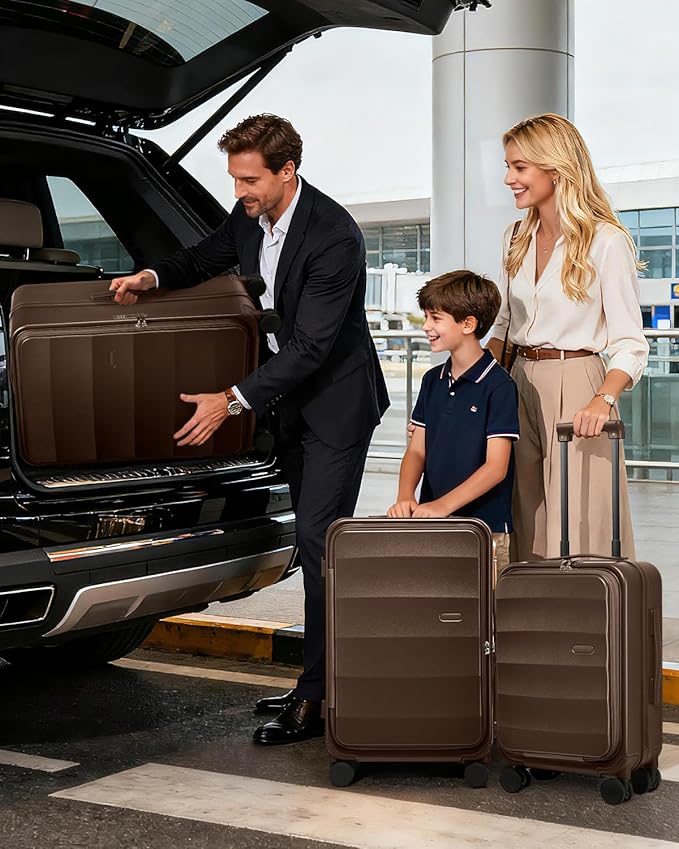 Joyway Luggage Set 5 Piece Top Opening Suitcase Set with Spinner Wheel and TSA Lock, PC Hard Shell Carry on Luggage with Front Pocket, Suitcase with Backpack and Foldable Storage Bag (Coffee)