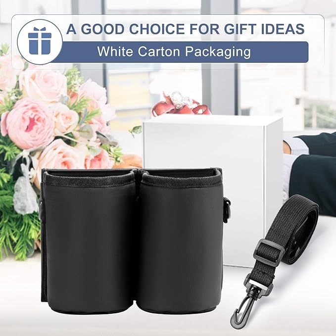 Luggage Cup Holder Travel Drink Bag Luggage Drink Caddy with Shoulder Strap, Thermal Insulation and Zipper Pocket, Travel Accessories Gifts for Flight Attendants, Fits Roll on Suitcase Handles (Black)