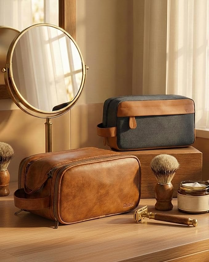 Elviros Travel Toiletry Bag Gift for Men,Mens Toiletries Bag Gifts Set Shaving Dopp Kit Water-resistant Bathroom Toiletries Organizer PU Leather Cosmetic Bags 2 Pack Brown