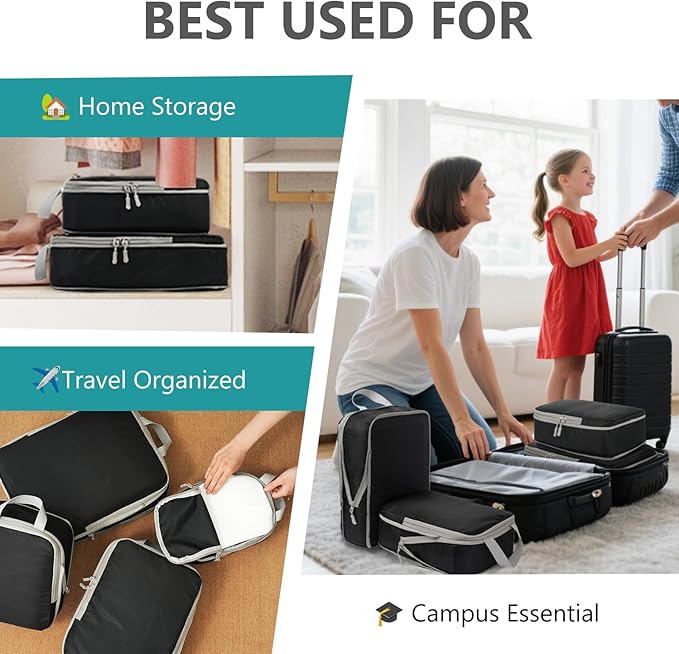 Compression Packing Cubes for Travel, 4 Set Expandable Packing Organizers, Lightweight Luggage Organizer Bags, Travel Essentials for Carry on, Handy Helper for Organizing Clothes,Black
