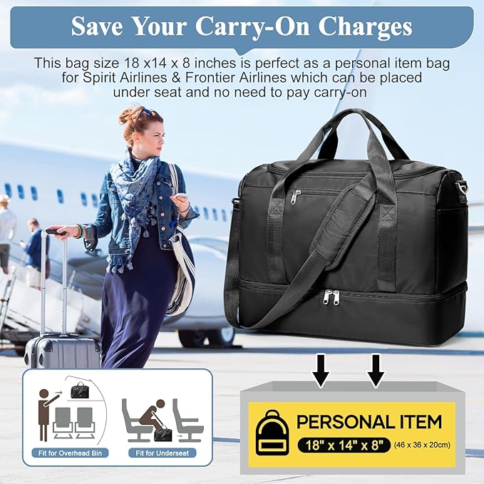 Travel Duffel Bag for Women, Carry-on Overnight Weekender Bags with Wet Pocket, For Spirit Airlines 18x14x8 Personal Item Bag,Small,Black