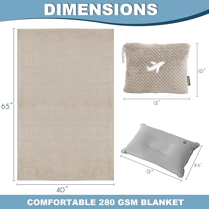 Travel Blanket Airplane Compact with Bag, Travel Essentials 3 in 1 Packable Airplane Blanket, Travel Pillow and Blanket Set, Inflatable Pillow, Luggage Sleeve & Backpack Clip (Camel)