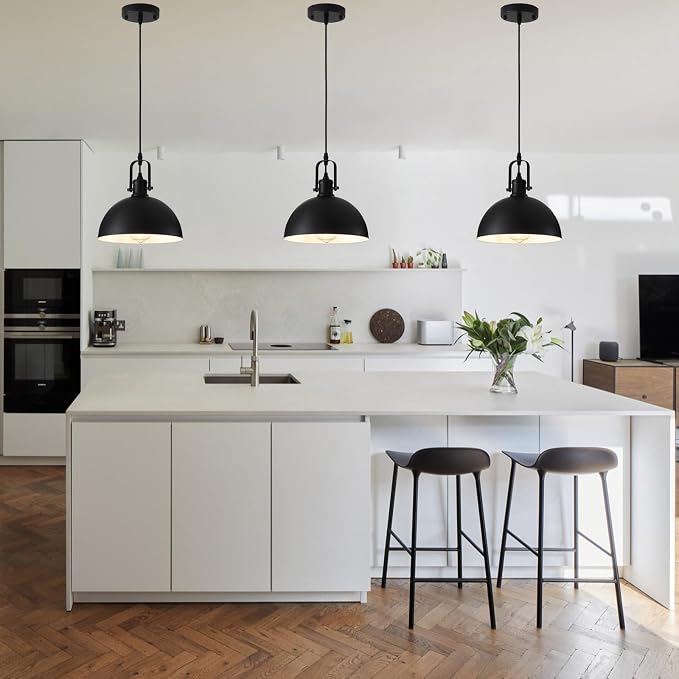 Farmhouse Pendant Lights Kitchen Island 3 Pack, Matte Black Modern Hanging Light Fixtures, Industrial Ceiling Pendant Lighting Over Sink Dining Room