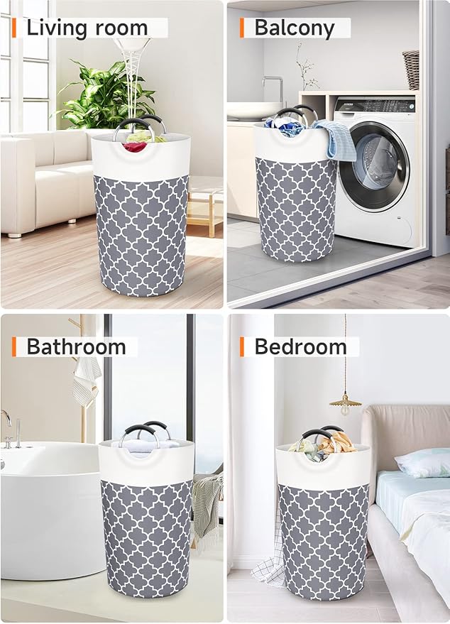 Large Laundry Basket Laundry Hamper Bag Washing Bin Clothes Bag Collapsible Tall with Handles Waterproof Travel Bathroom College Essentials Storage for College Dorm, Family (Grey) 82L