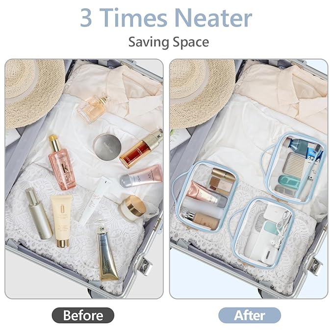 PACKISM Stylish TSA Approved Toiletry Bag Set, Floral Lace, Clear Makeup Bag with Handle, 1 TSA Medium & 1 Large for Travel, Gift for Women, Blue