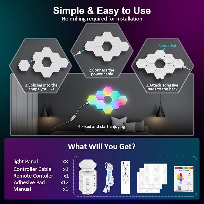 OJQ 8 Pack Hexagon Lights Wall RGB Panel Hexagonal Gaming Led Lights | Room Decor Wall Lights Gifts for Men/Women Honeycomb Shape Panels Hexagon Gaming Led Lights for Bedroom Children