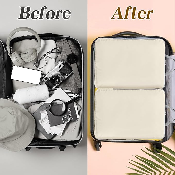 Hosuly 6 Pcs Ultralight Compression Packing Cubes for Travel 17.3 x 12.6'' XL Large Expandable Luggage Organizers for Save Space Family Long Trips (Beige)