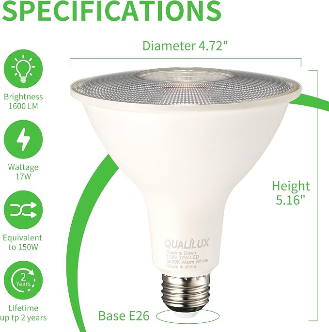 Qualilux PAR38 Dusk to Dawn LED Flood Light Bulbs, Daylight White 5000K, 150W Equivalent 17W, 1700LM, Auto On/Off Light Sensing Outdoor Light Bulb, 2 Pack, Non-Dimmable, HQ-H033
