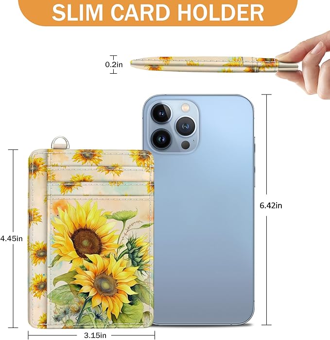 Yonlevres Credit Card Holder Slim Wallet, Sunflower RFID Wallet Women Front Pocket Small Card Holder, Travel Cute Funny Thin Card Case ID Window PU Leather RFID Blocking Card Organizer Gifts Girls