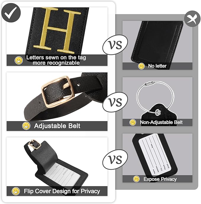 Initial Luggage Tags for Suitcases, Cute Embroidered Letter Luggage Bag Suitcase Identifier Name Baggage Tag, PU Leather Travel Luggage Tags, Bag Tags for Men Women Kids Luggage Handbags(Black H)