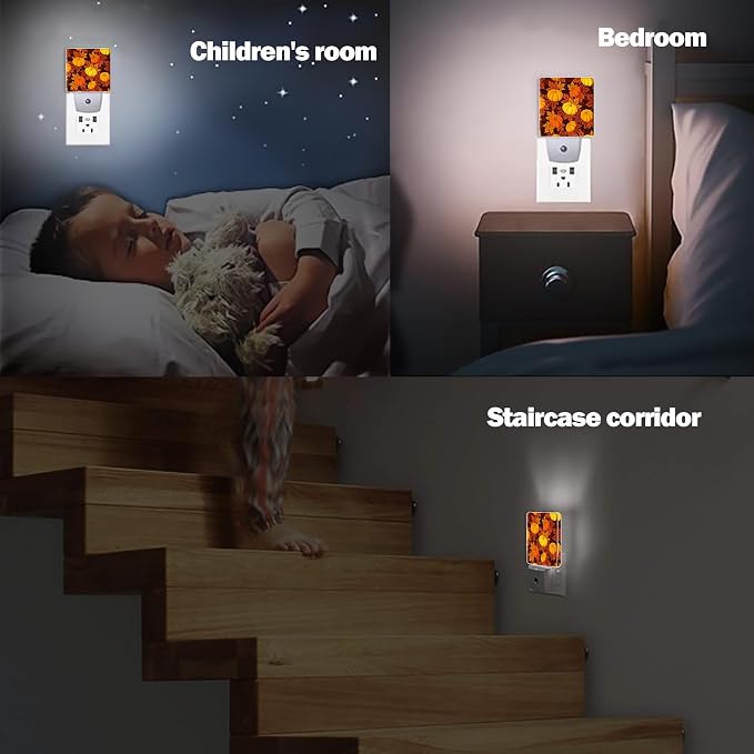 Autumn Pumpkins Leaves Night Light Plug in Wall Lamp Smart Dusk to Dawn Sensor for Home Decorative, Kids Room Bedroom Bathroom Kitchen Hallway Gifts