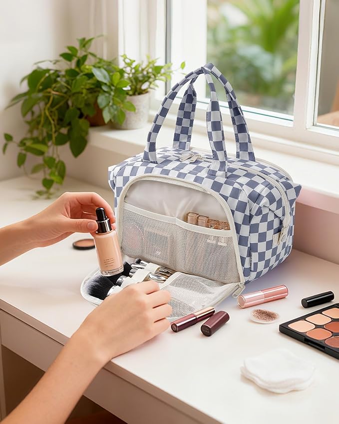 Narwey Travel Toiletry Bag for Women Checkered Large Capacity Makeup Bag Wide Open Cosmetic Make Up Organizer with Wet Pocket for Towel Travel Bag for Toiletries Essentials (Greyish Blue Checkerboard)