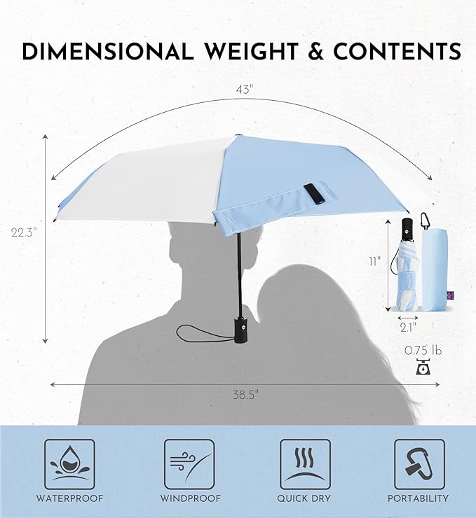 Windproof Travel Umbrella for Rain - 43" Auto Open Close 8-Rib Compact, Stylish Two-Tone Color Block Design, Easy-Close Folding Portable Parasol for Men & Women