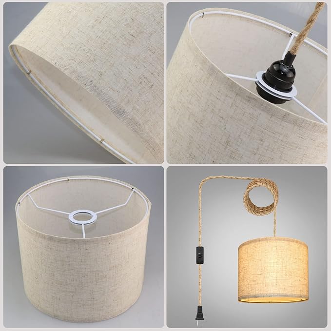 KUAUGST Plug in Pendant Light, Hanging Lights with Plug in Cord, Hanging Lamp with 15ft Hemp Rope, On/Off Switch, Beige Linen Shade, Light Fixture for Bedroom, Living Room, Dining Table 2 Pack