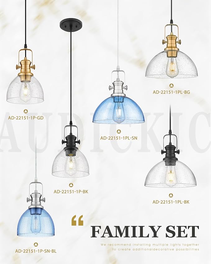 Black Pendant Lights Kitchen Island, 10.5" Farmhouse Pendant Lighting with Clear Seeded Glass Shade, Vintage Hanging Light Fixtures for Dining Room, AD-22151-1PL-BK