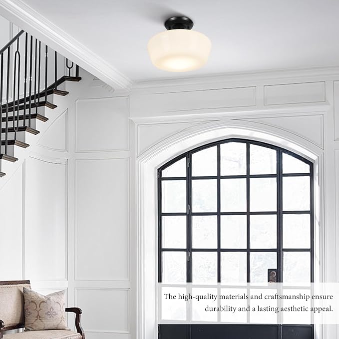 Schoolhouse Style Semi Flush Mount Ceiling Light with Dimmable Bulb Remote Control, 12" Modern Gold Hallway Ceiling Lamp with Opal Milk Glass Shade, Farmhouse Globe Light for Bedroom Kitchen Laundry