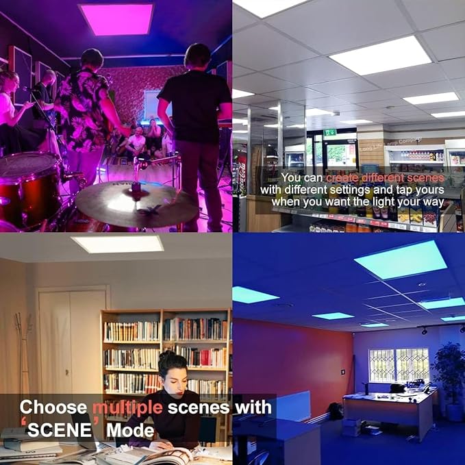 4 Pack 2x2 FT LED RGBW 5000K Multicolor Flat Panel, Light Remote & App Controlled 40W 4400lm Color Changing LED Panel Light Smart Wi-Fi Drop Ceiling Light with Alexa/Google Assistant