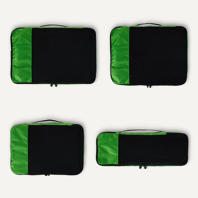 Amazon Essentials 4-Piece Packing Cubes Travel Accessories Set, Luggage Organizer with Double Zipper, Mesh Top, Space-Saving for Suitcases, Small/Medium/Large/Slim, Green (Previously Amazon Basics)