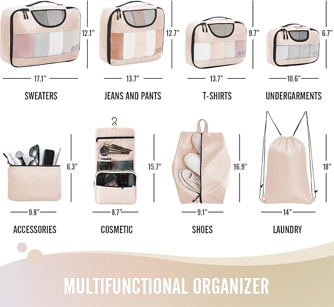 8 Set Packing Cubes for Luggage,Suitcase Organizer in 4 Sizes with Hanging Toiletry Bag and Large Laundry Bag, Carry-On Luggage with Accessories Bag, Cream
