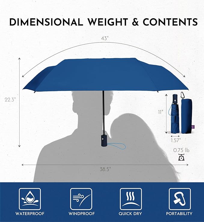 Windproof Travel Umbrella for Rain - 43" Compact Folding Umbrella, Reinforced Strong Frame, Lightweight Portable Parasol with UPF 100+ UV Sun Protection, Cruise Ship Essentials