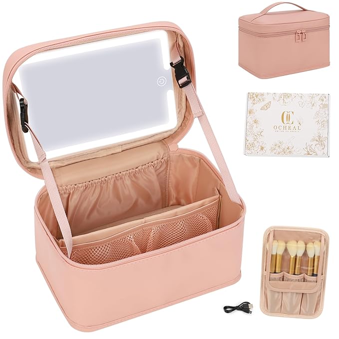 Makeup Bag With LED Mirror, Lightweight Travel Makeup Bag With 3 Color Setting Light Up Mirror Cosmetic Makeup Organizer Vanity Case for Women Beauty Tools Accessories Rechargeable Train Case-Pink