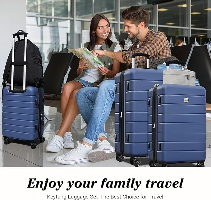 Classic Luggage Sets 5 Piece, Carry-On Luggage with Spinner Wheels, Lightweight Hardside Suitcase Set with TSA Lock, Bonus Travel Backpack & Makeup Bag, 20/24/28 inch, Navy Blue
