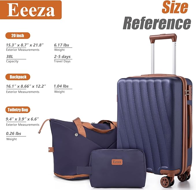 Carry on Luggage Sets 22x14x9 Airline Approved Durable Travel Luggage Suitcases with Wheels,ABS Hard Case Suitcases with Spinner Wheels,(Purple,3 Piece Sets(20"/DB/TB))
