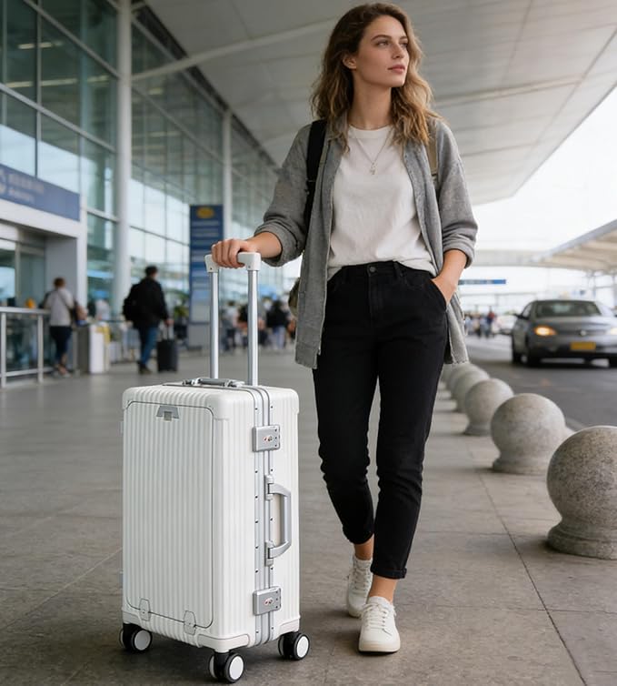 feilario Aluminium Frame PC Hard Shell Spinner Wheels Luggage,22.5"X15"X9.5" Airline Approved Built-In TSA lock Carry on Suitcase, with Cup Holder, USB Port, Phone Holder