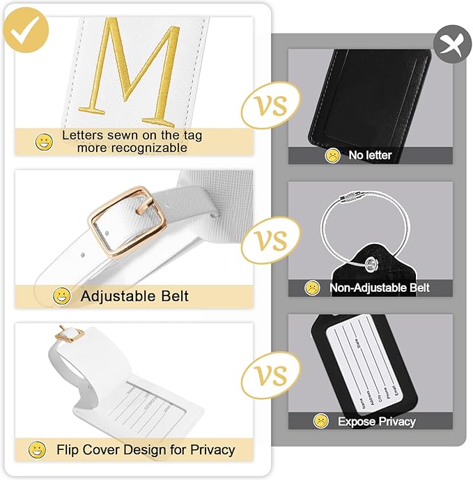 Personalized Initial Luggage Tags for Suitcases, Cute PU Leather Embroidered Letter Travel Luggage Tags, Suitcase Identifier Name Baggage Tag, Bag Tags for Men Women Kids Luggage Handbags(White M)