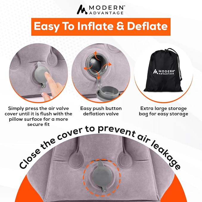 Modern Advantage Inflatable Travel Pillow with Adjustable Extra Bottom Support Neck Pillow for Chin & Head Stability Prevents Neck Pain Plane Pillow for Long Flight Travel - Eye Mask & Earplugs - Grey