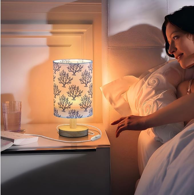 Fustylead Navy Blue Coral Table Lamp for Bedroom USB Port Lamps Small Accent Table Lamp Nightstand Lamp Study Linen Shade with Wooden Base, Decorative Lamps for Bedside Reading|Kids|Dorm|Home