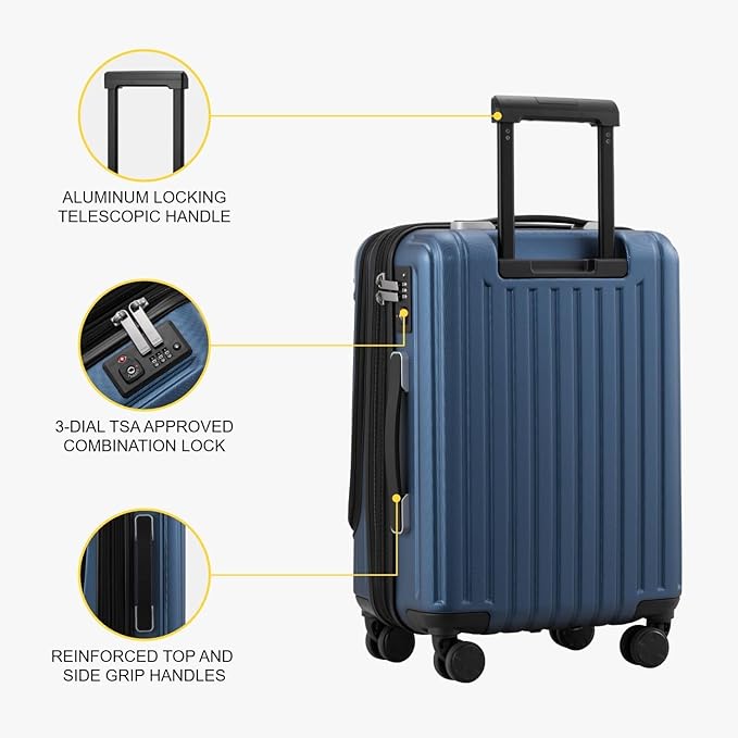 LEVEL8 Grace Carry On Luggage Airline Approved, 20 Inch Expandable Hardside Carry On Suitcase With Wheels, Abs+Pc Small Luggage with Tsa Lock, Blue, 20-Inch