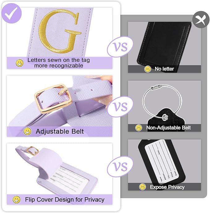 Initial Luggage Tags for Suitcases, Cute Embroidered Letter Luggage Bag Suitcase Identifier Name Baggage Tag, PU Leather Travel Luggage Tags, Bag Tags for Men Women Kids Luggage Handbags(Purple G)