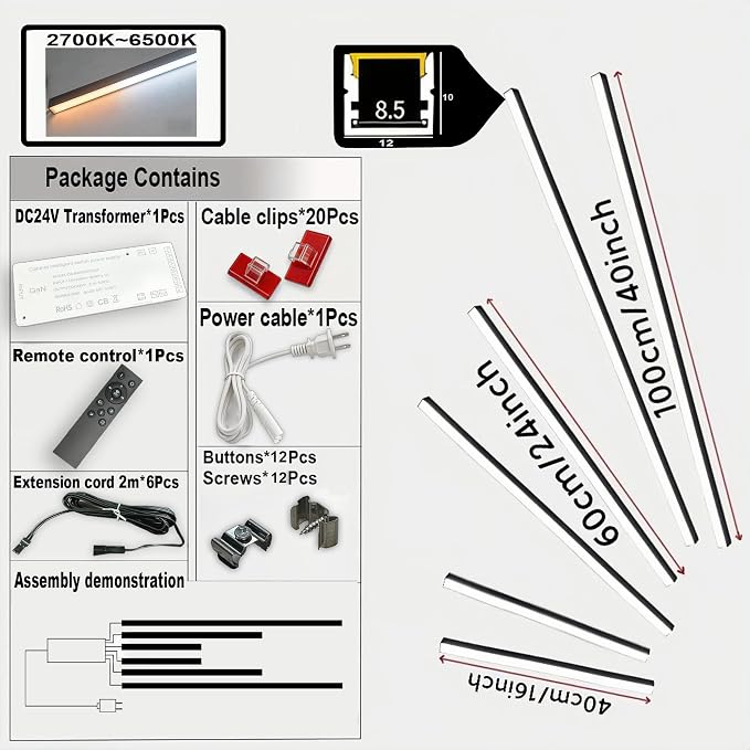 CCT COB Recessed LED Light Bar Kit,2700K~6500K,CR90+,Support Remote,APP & Alexa Voice Control,for Wood Slat Wall Panel,Home Decor,Cabinet DIY Lighting,Black Channel,2Pcs*(16In+24In+40In)